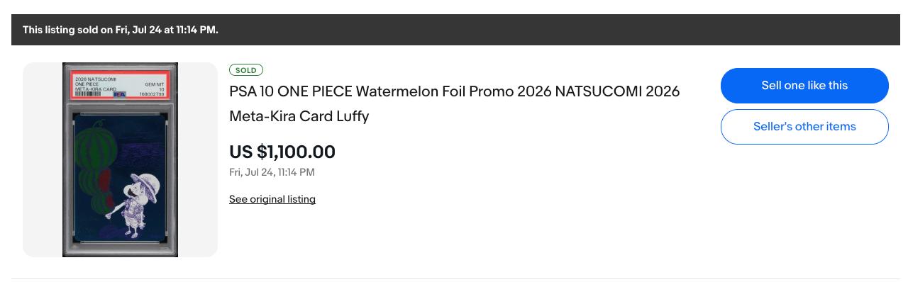 eBay sold result showing PSA 10 Watermelon Luffy sold for $1,100