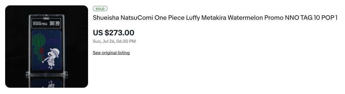 eBay sold result showing TAG 10 Watermelon Luffy sold for $273